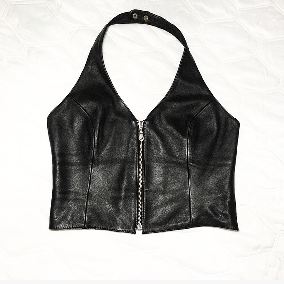 Vintage Tops - VINTAGE LEATHER CROPPED HALTER TOP